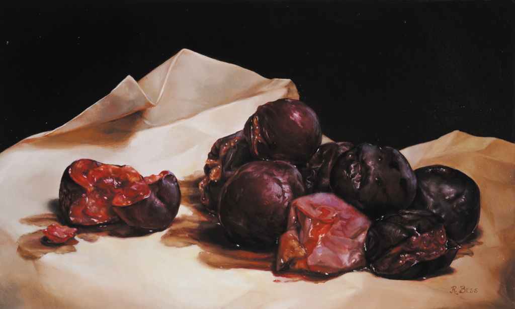 Rotting Plums, 6” x 10”, oil on panel